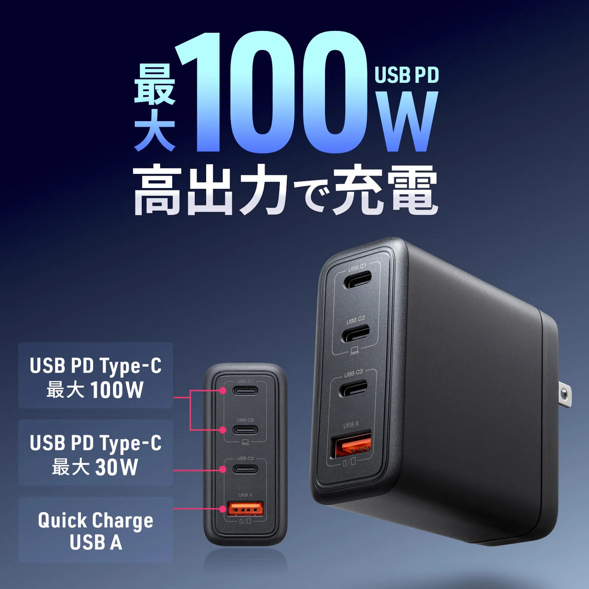 USB PD対応AC充電器(PD100W・Cx3+Ax1) ACA-PD104BK