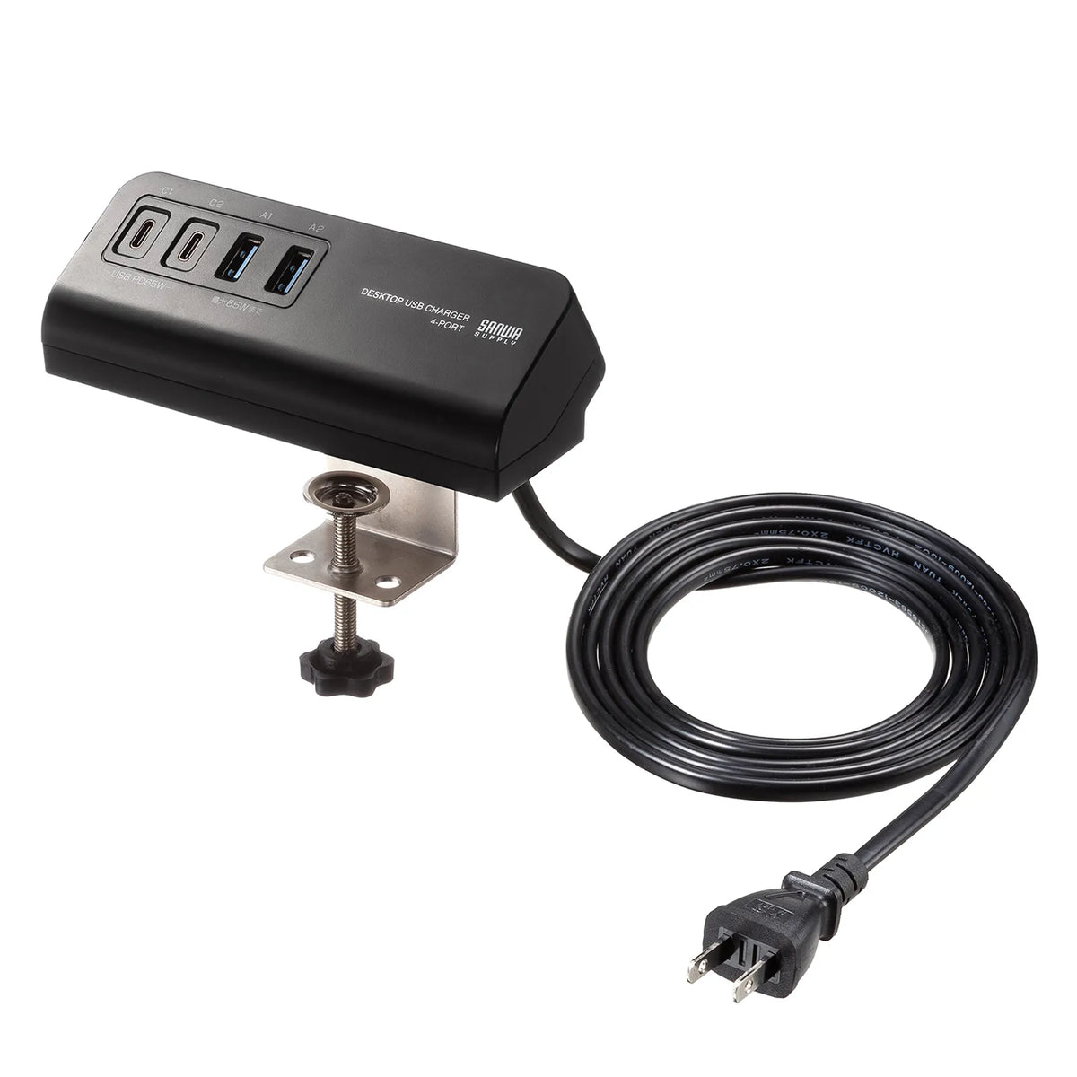 USB PD compatible clamp-type AC charger (PD65W, Cx2 + Ax2, Black) ACA-PD106BK