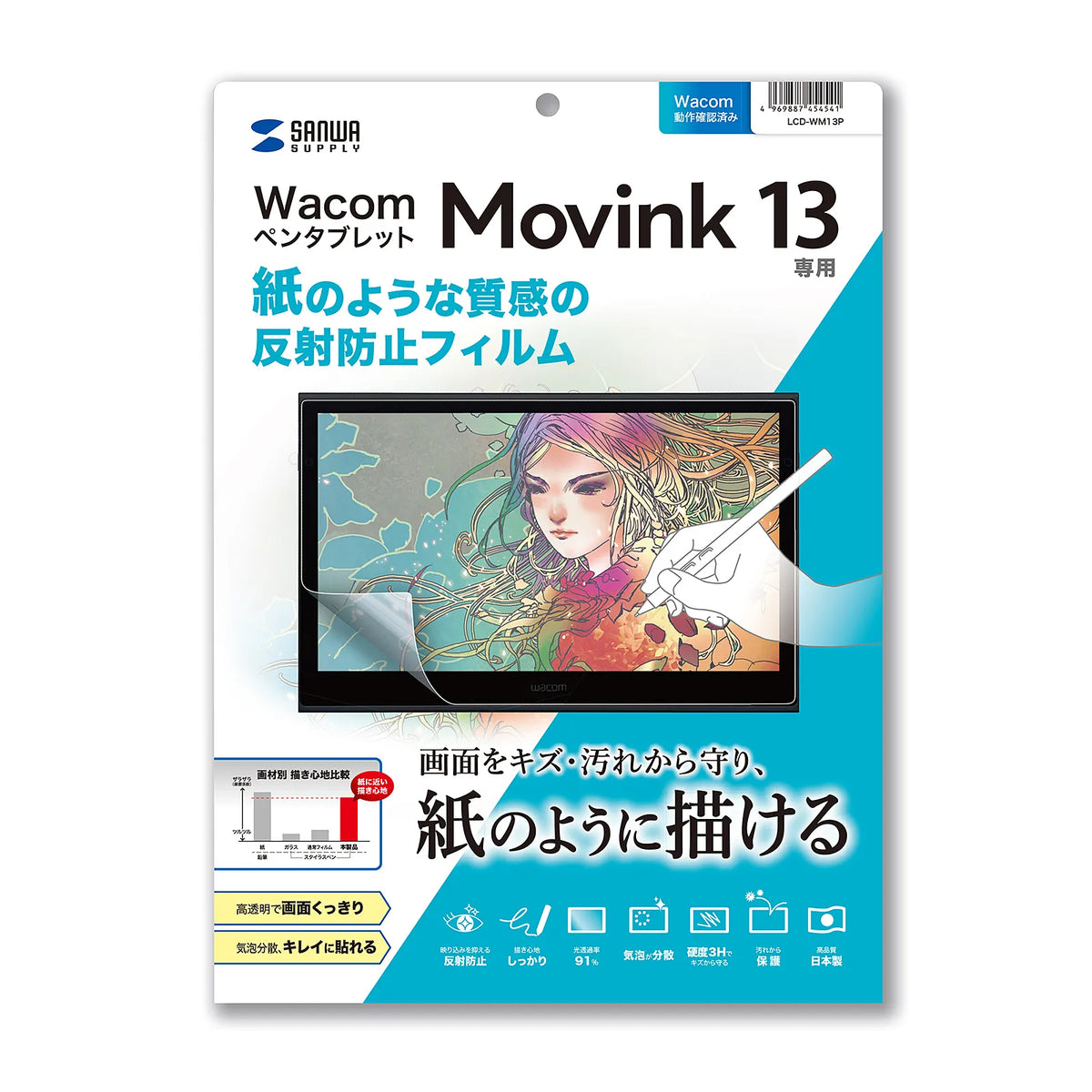 Paper-like anti-reflective film compatible with Wacom Movink 13 pen tablet LCD-WM13P