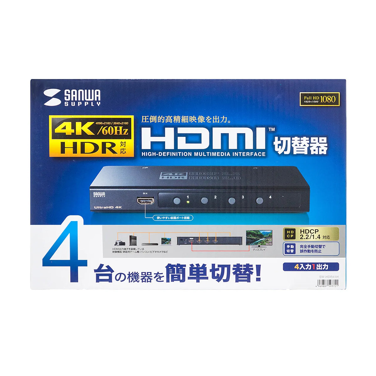 4K・HDR・HDCP2.2対応HDMI切替器(4入力・1出力) SW-HDR41H