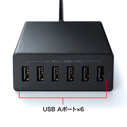 USB充電器（6ポート・合計12A・ブラック） ACA-IP67BK
