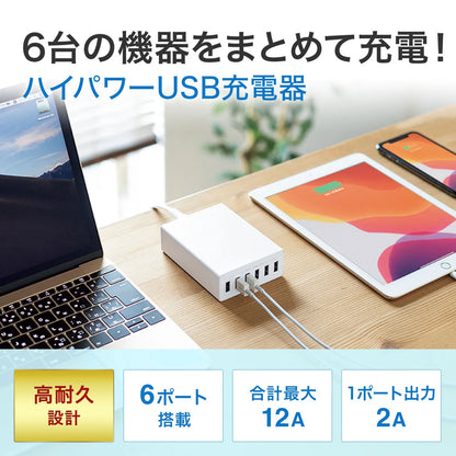 USB充電器（6ポート・合計12A・ホワイト） ACA-IP67W