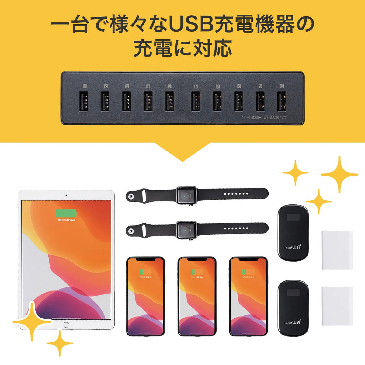 USB Charger (10 Ports, 20A Total, High Durability Type) ACA-IP68