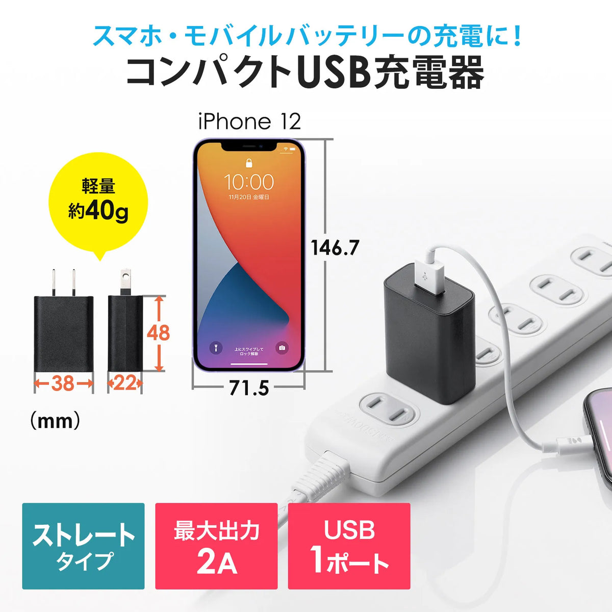 USB充電器（2A・ブラック） ACA-IP87BK