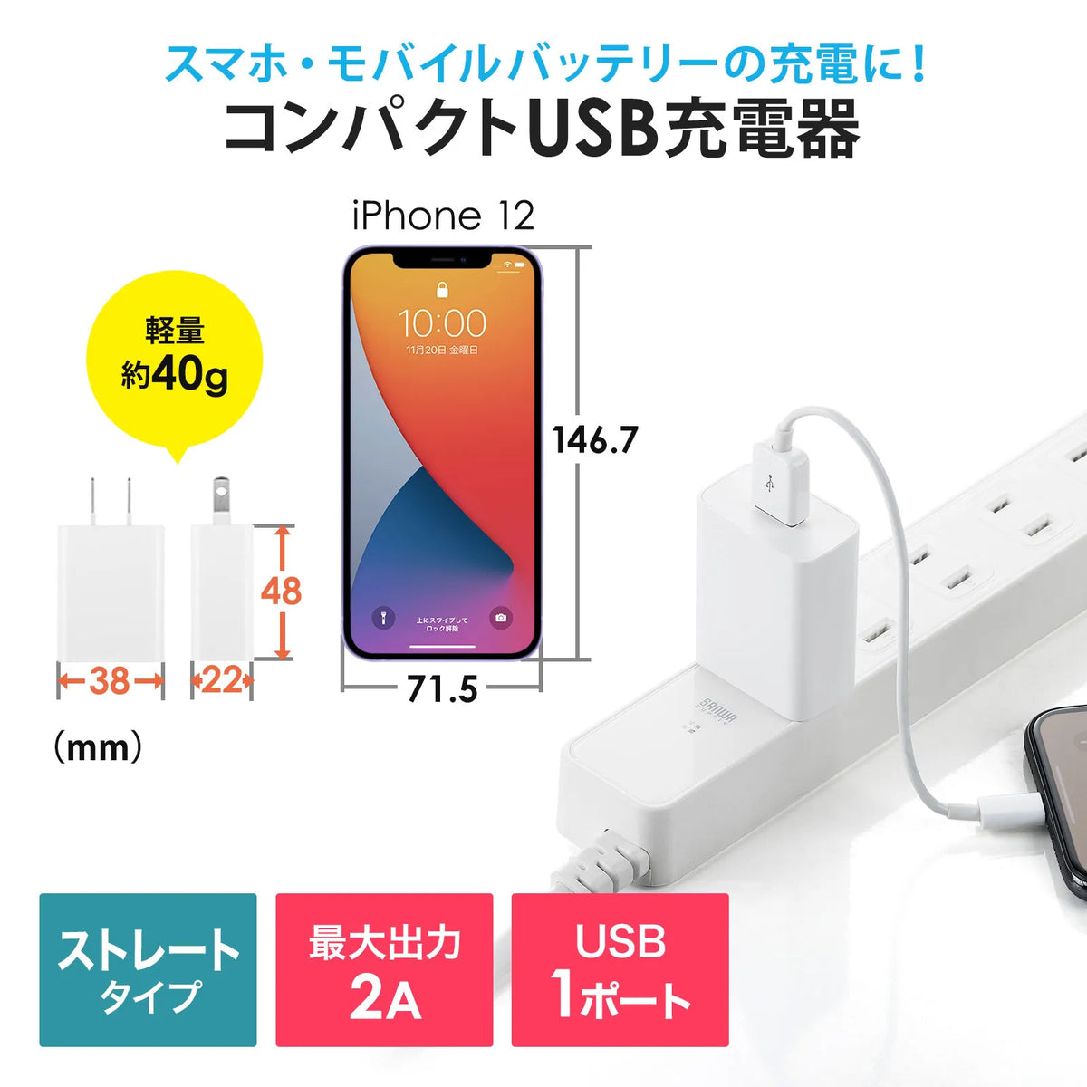 USB充電器（2A・ホワイト） ACA-IP87W