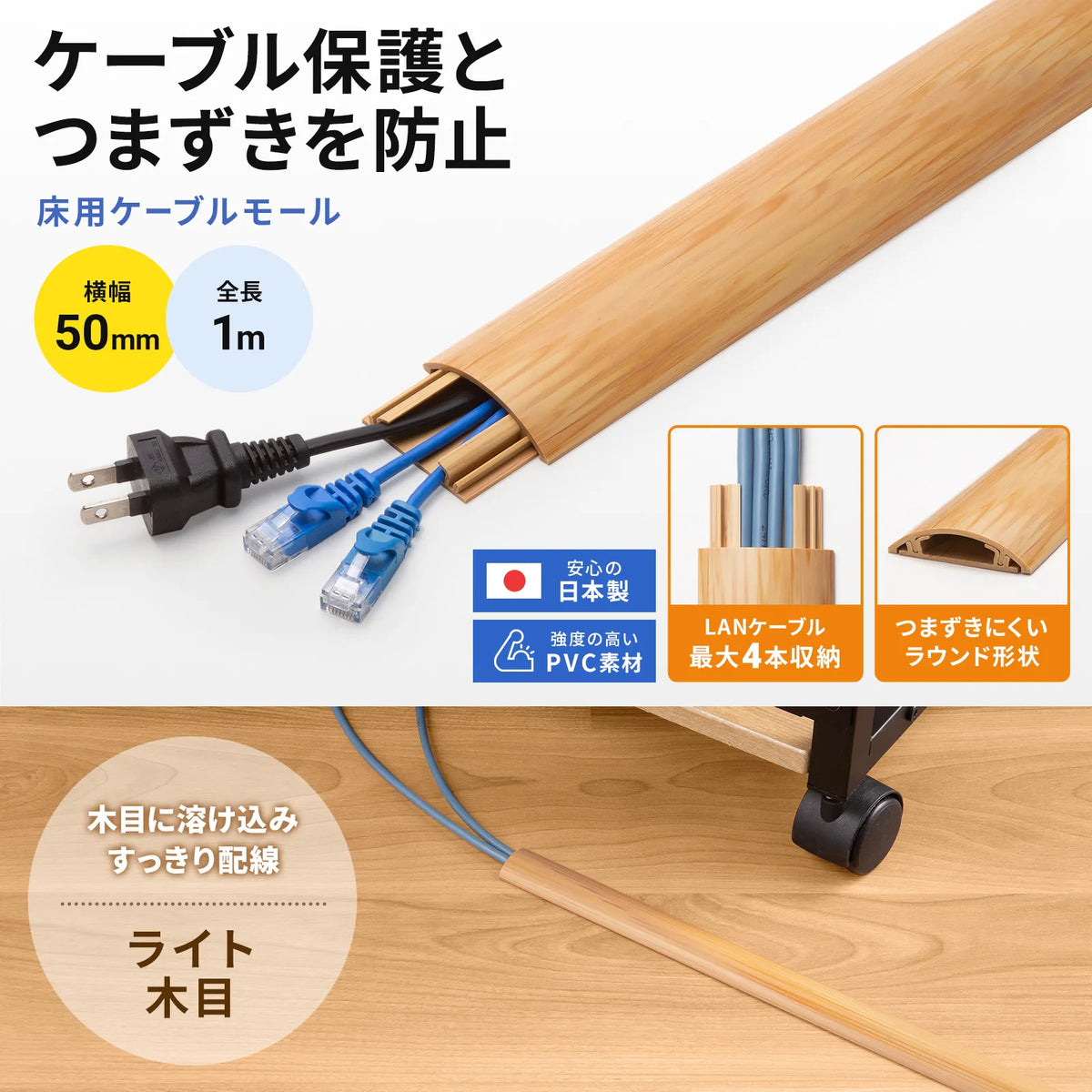 Floor cable molding (50mm width, 1m length, natural wood grain) CA-R50NM