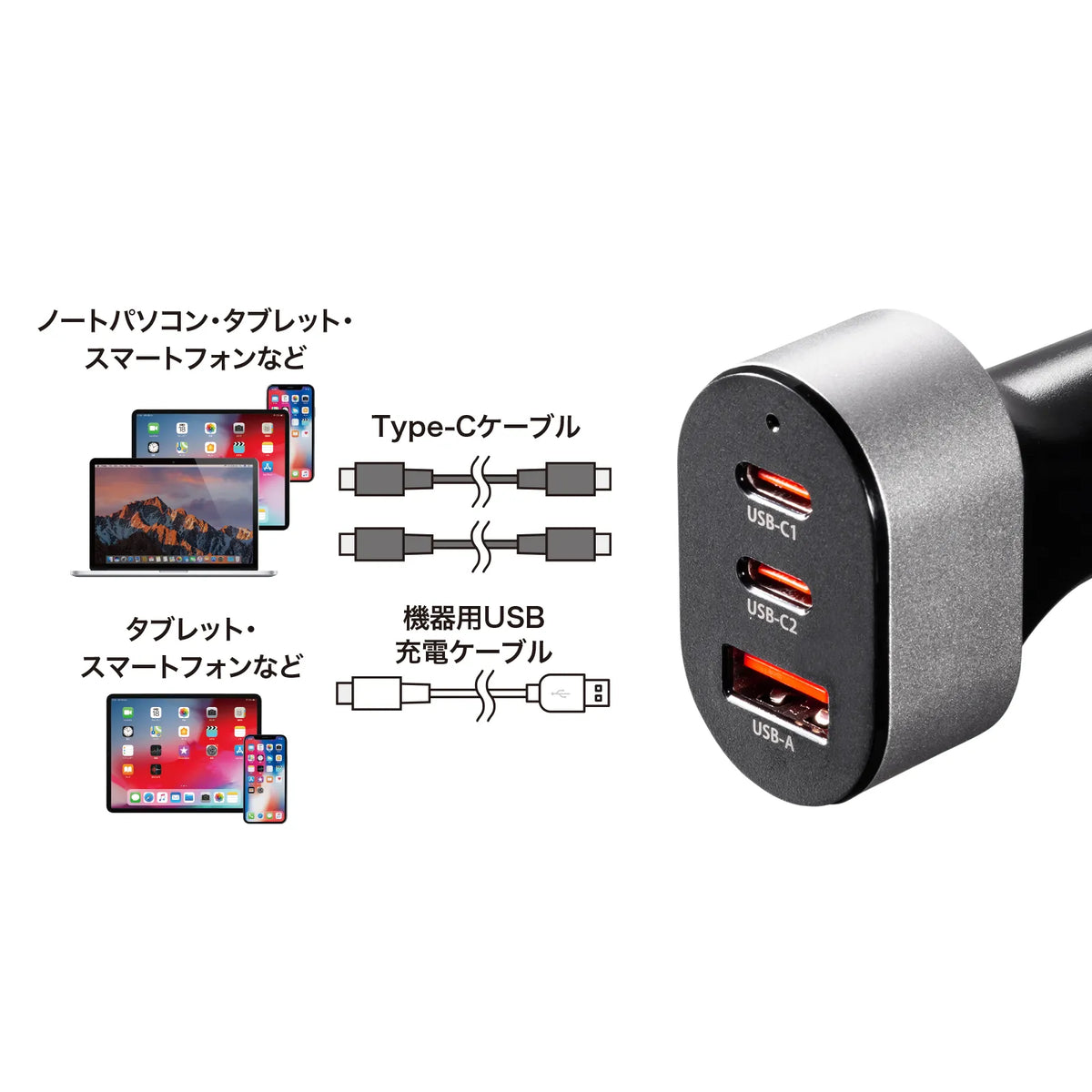 USB Power Delivery compatible car charger (3 ports, 67W) CAR-CHR83CPD