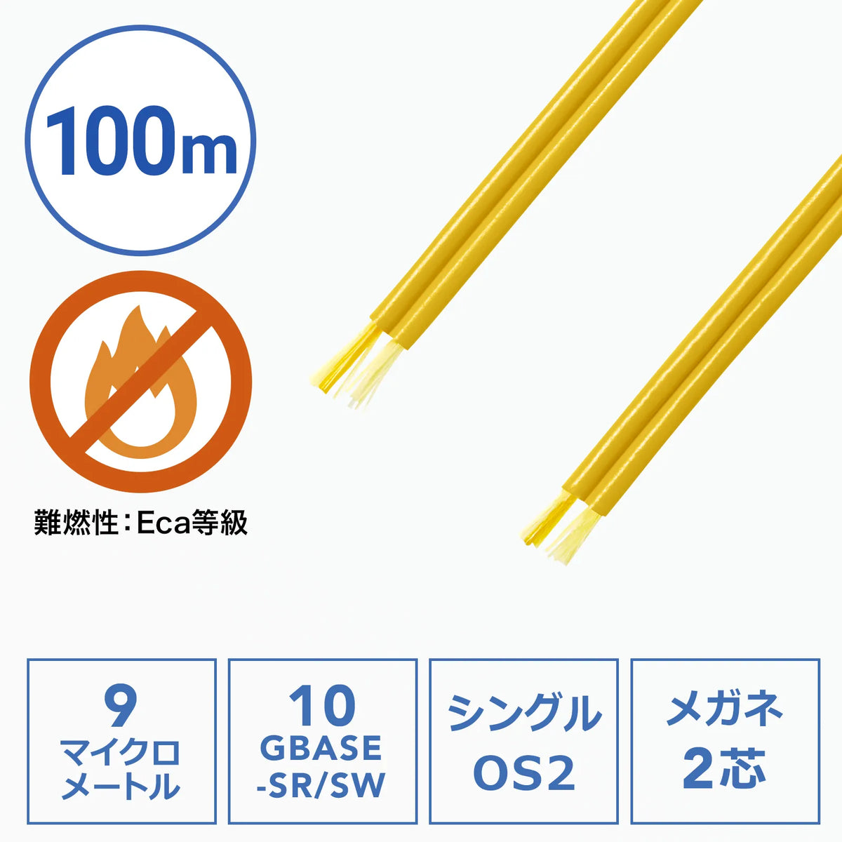 メガネ2芯光ファイバケーブルのみ100m（シングルモードOS2） HKB-M2OS2-CB100