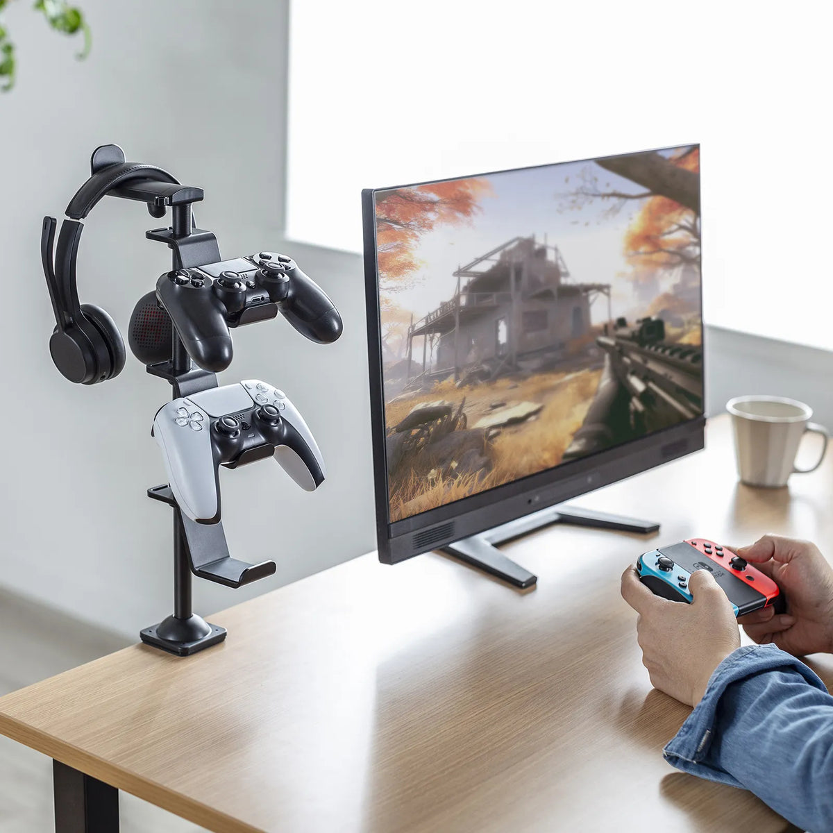 クランプ付きゲームコントローラースタンド（ヘッドフォンホルダー付・ブラック） JY-STN2BK
