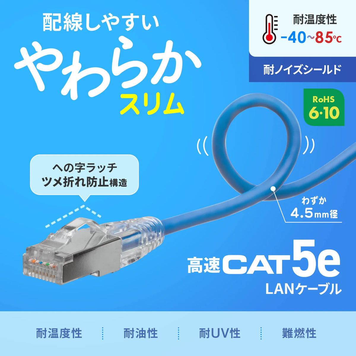 カテゴリ5eSTP LANケーブル（スリム、やわらか、ツメ折れ防止コネクタ） KB-SL5STPS-01BL