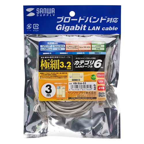 カテゴリ6準拠極細LANケーブル（ライトグレー、3m) KB-SL6-03