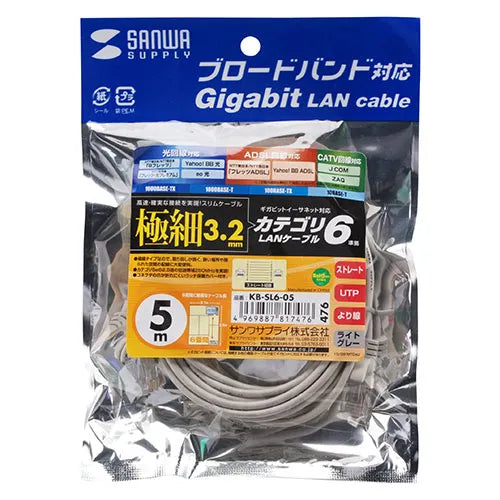 カテゴリ6準拠極細LANケーブル（ライトグレー、5m) KB-SL6-05