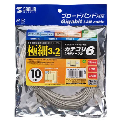 カテゴリ6準拠極細LANケーブル（ライトグレー、10m) KB-SL6-10