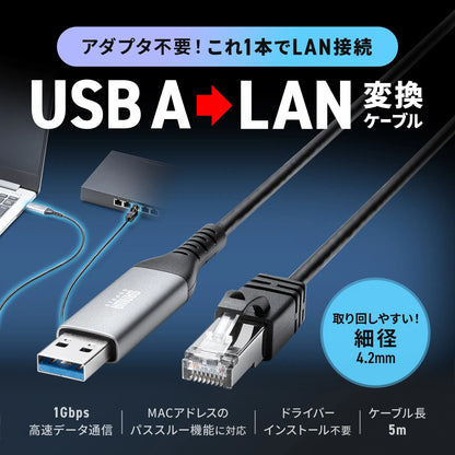 USB A to LAN conversion cable (Gigabit compatible, 5m) KB-SL6ALAN05BK