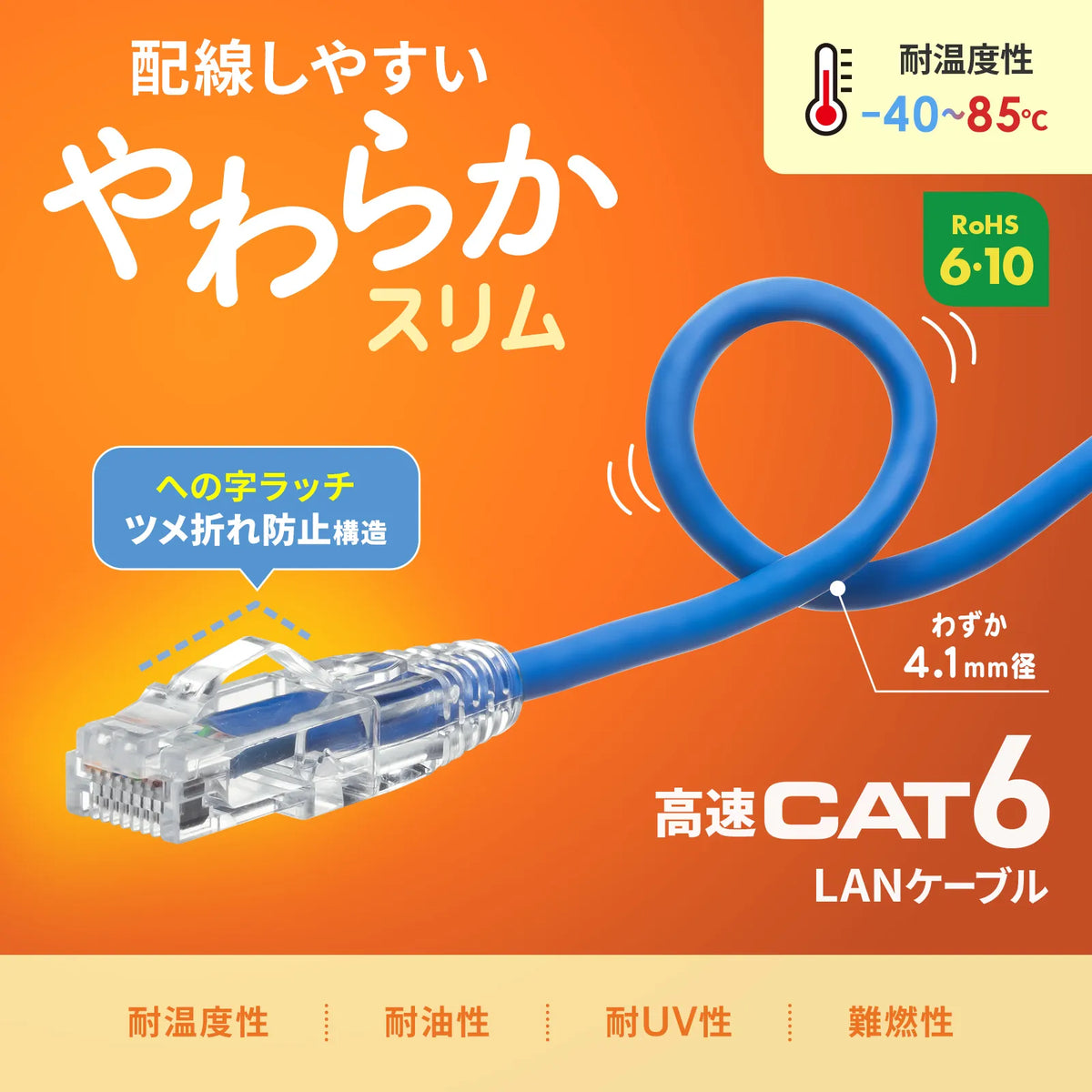 カテゴリ6LANケーブル（スリム、やわらか、ツメ折れ防止コネクタ） KB-SL6YS-01BL