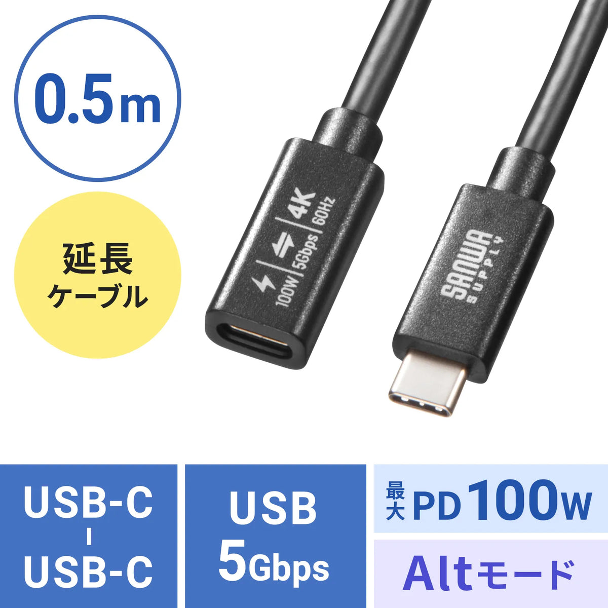 USB5Gbps Type-C延長ケーブル(PD100W・0.5m) KU-5GCCP100EN05