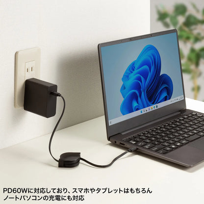 USB2.0 Type-C 巻取りケーブル PD60W ブラック KU-CCP60M08BK