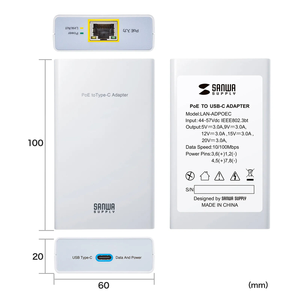 PoE-USB Type-C Conversion Adapter (PD60W Power Supply & Network Communication Compatible) LAN-ADPOEC