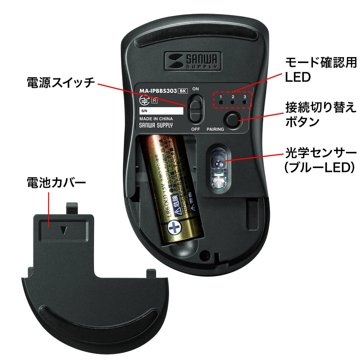 静音BluetoothブルーLEDマウス ”イオプラス” MA-IPBBS303BK