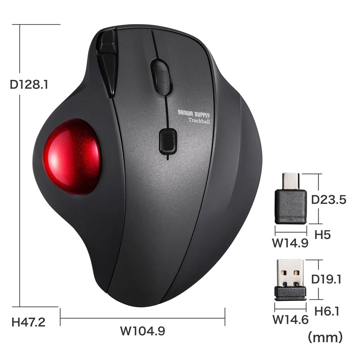 ワイヤレストラックボール（静音・5ボタン・親指操作タイプ） MA-WTB185BK