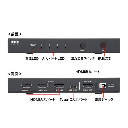 8K compatible HDMI switch (4 inputs, 1 output, Type-C input compatible, with remote control) SW-HDR8K41RC