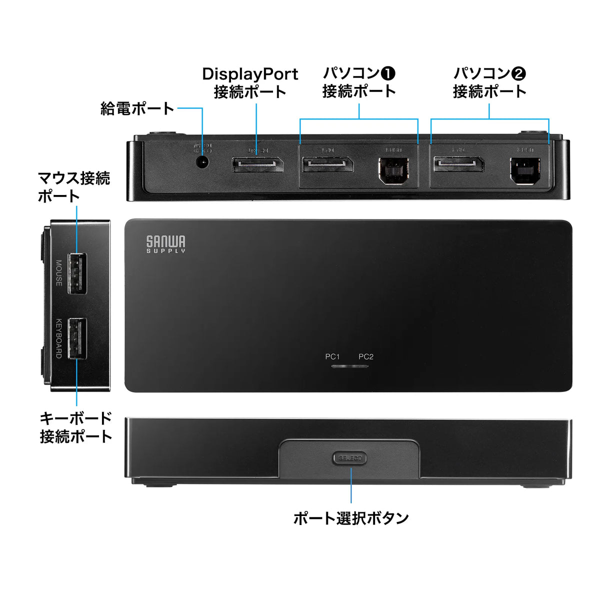 4K対応DisplayPortパソコン切替器(エミュレーション非搭載・2:1) SW-KVM2DPUUS