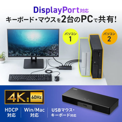 4K対応DisplayPortパソコン切替器(エミュレーション非搭載・2:1) SW-KVM2DPUUS