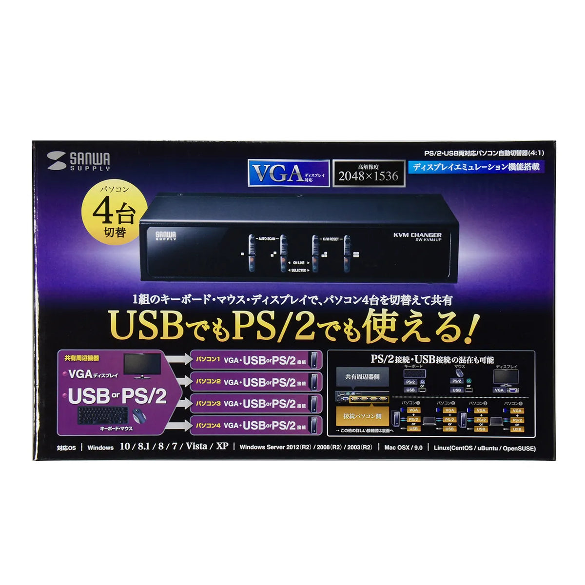 PS/2 and USB compatible automatic PC switch (4:1) SW-KVM4UP