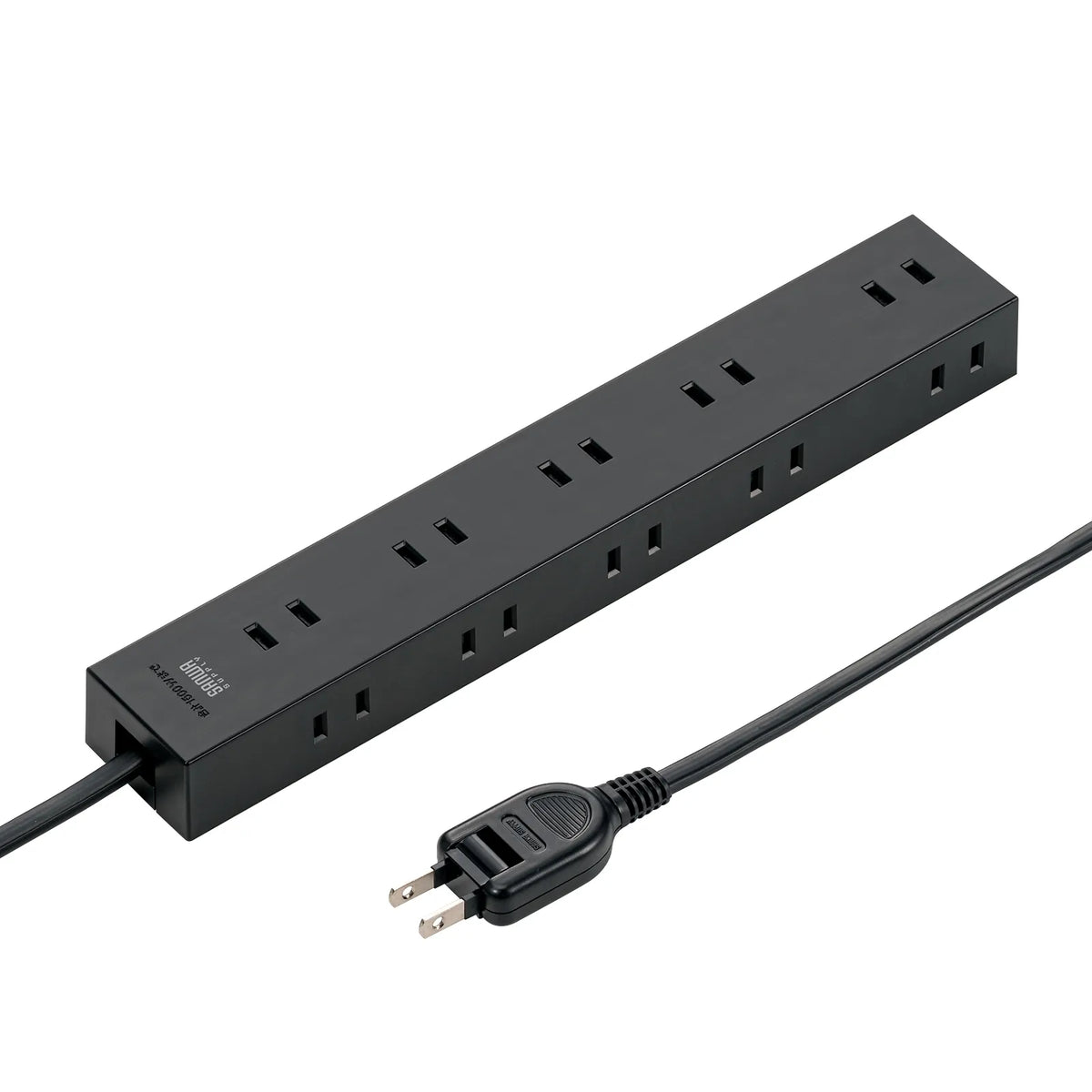Power strip with 2-prong outlets, 10 sockets, strong neodymium magnets, and shutters. TAP-2210-1BK