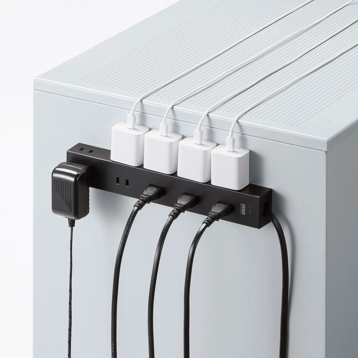 Power strip with 2-prong outlets, 10 sockets, strong neodymium magnets, and shutters. TAP-2210-1BK