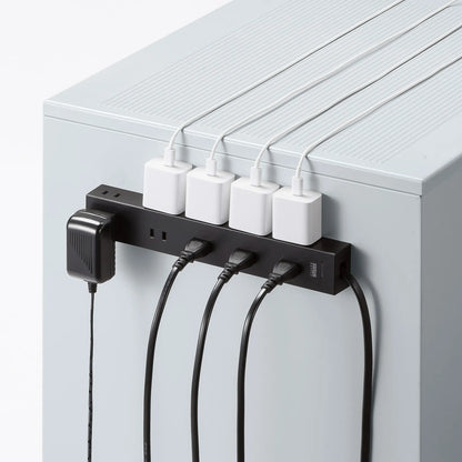 Power strip with 2-prong outlets, 10 sockets, strong neodymium magnets, and shutters. TAP-2210-1BK