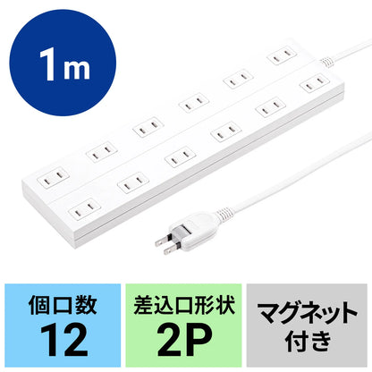 Power strip with 2-prong outlets, 12 sockets, AC adapter compatible, with magnet (TAP-2312-1W)