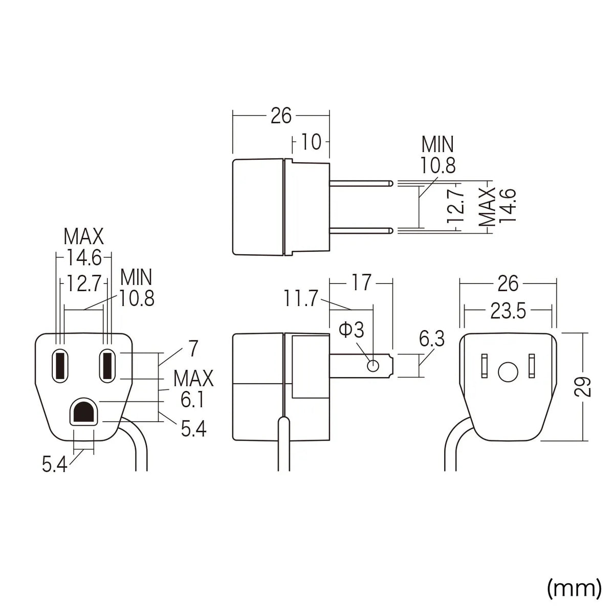 3-pin to 2-pin conversion adapter with insulating cover TAP-AD1N