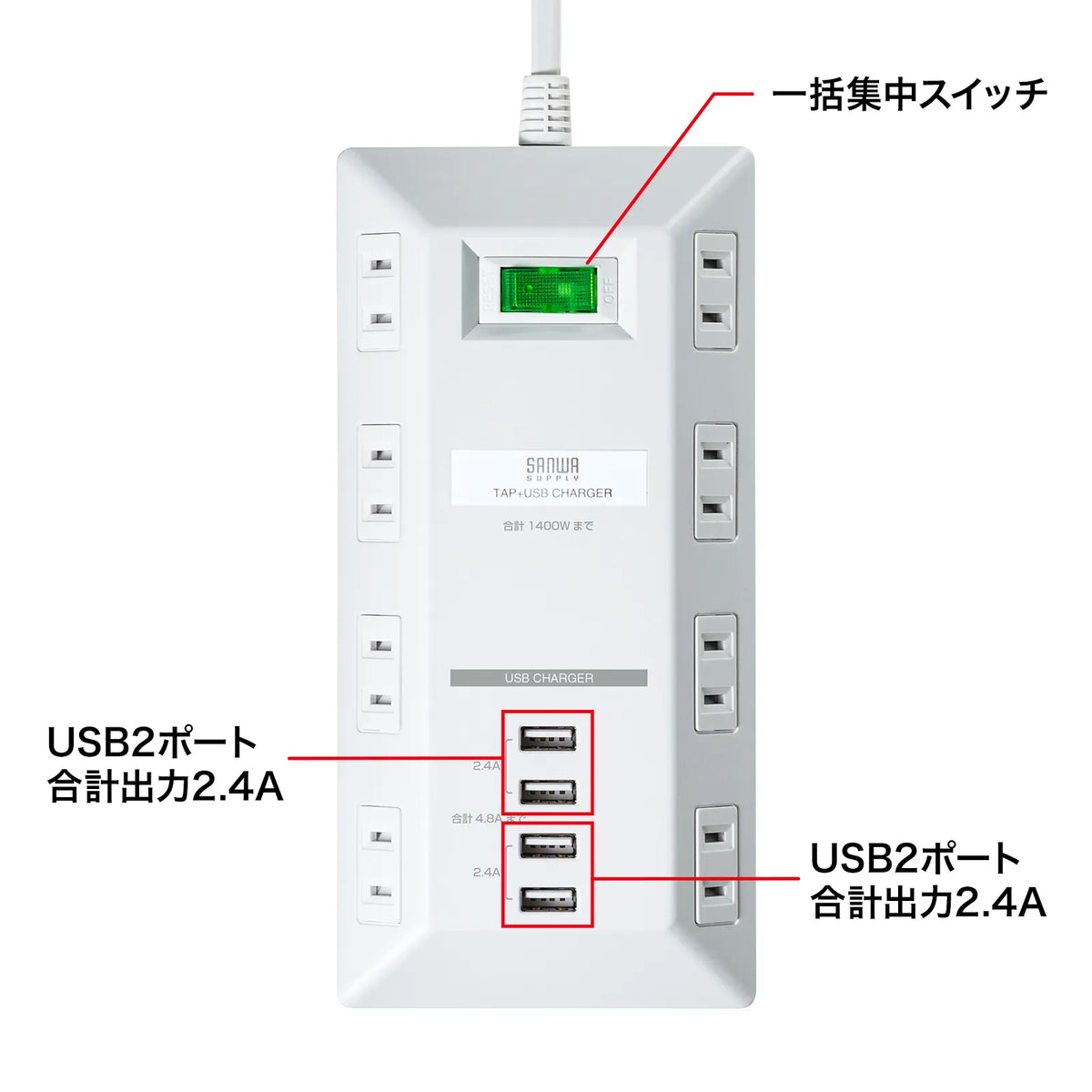 USB charging port power strip, flat type, TAP-B109U-3WN