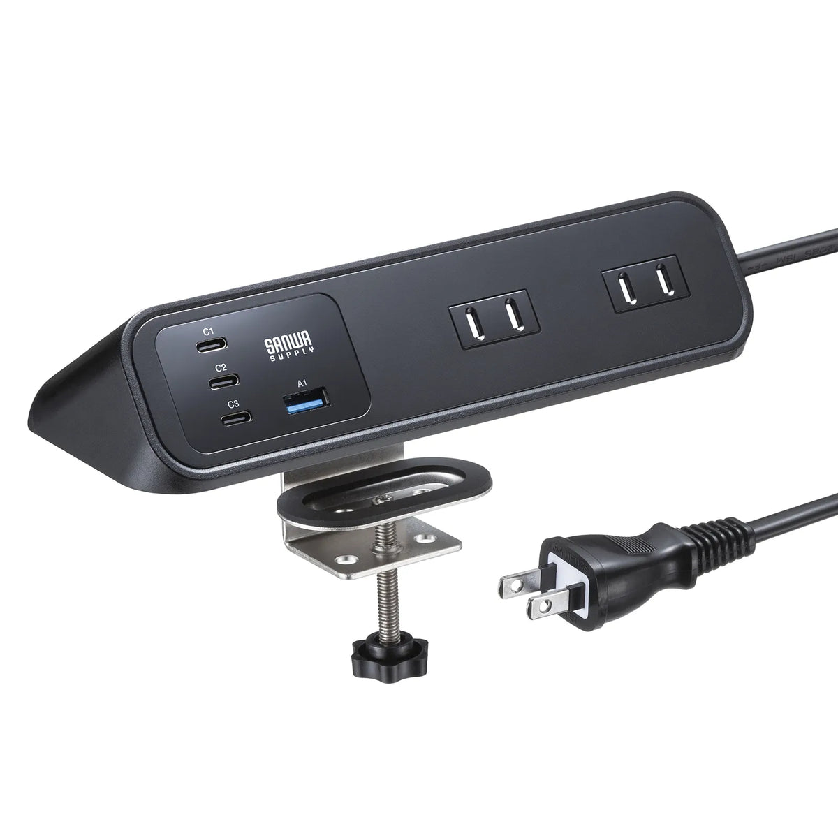 Clamp-type power strip (4 AC outlets + 3 USB-C + 1 USB-A, PD 65W, Black) TAP-B114UC-2BK