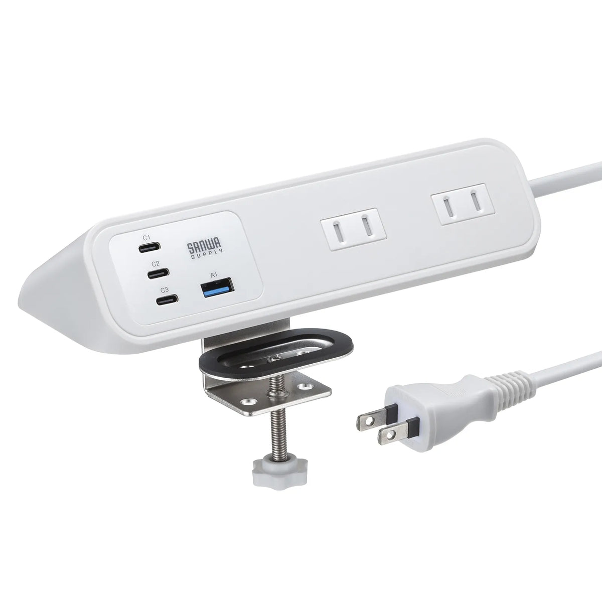 Clamp-type power strip (4 AC outlets + 3 USB-C + 1 USB-A, PD 65W, White) TAP-B114UC-2W