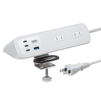 Clamp-type power strip (4 AC outlets + 3 USB-C + 1 USB-A, PD 65W, White) TAP-B114UC-2W
