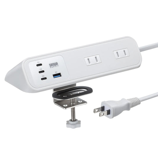 Clamp-type power strip (4 AC outlets + 3 USB-C + 1 USB-A, PD 65W, White) TAP-B114UC-2W