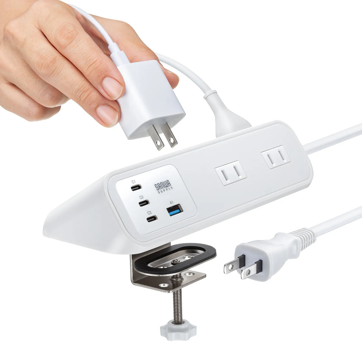 Clamp-type power strip (4 AC outlets + 3 USB-C + 1 USB-A, PD 65W, White) TAP-B114UC-2W