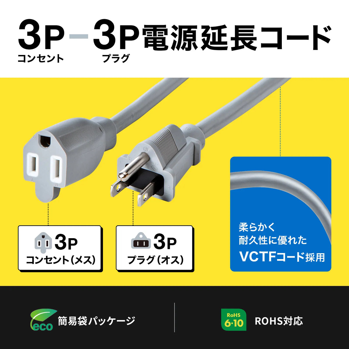 電源延長コード2m（3P-3P） TAP-EX253-2