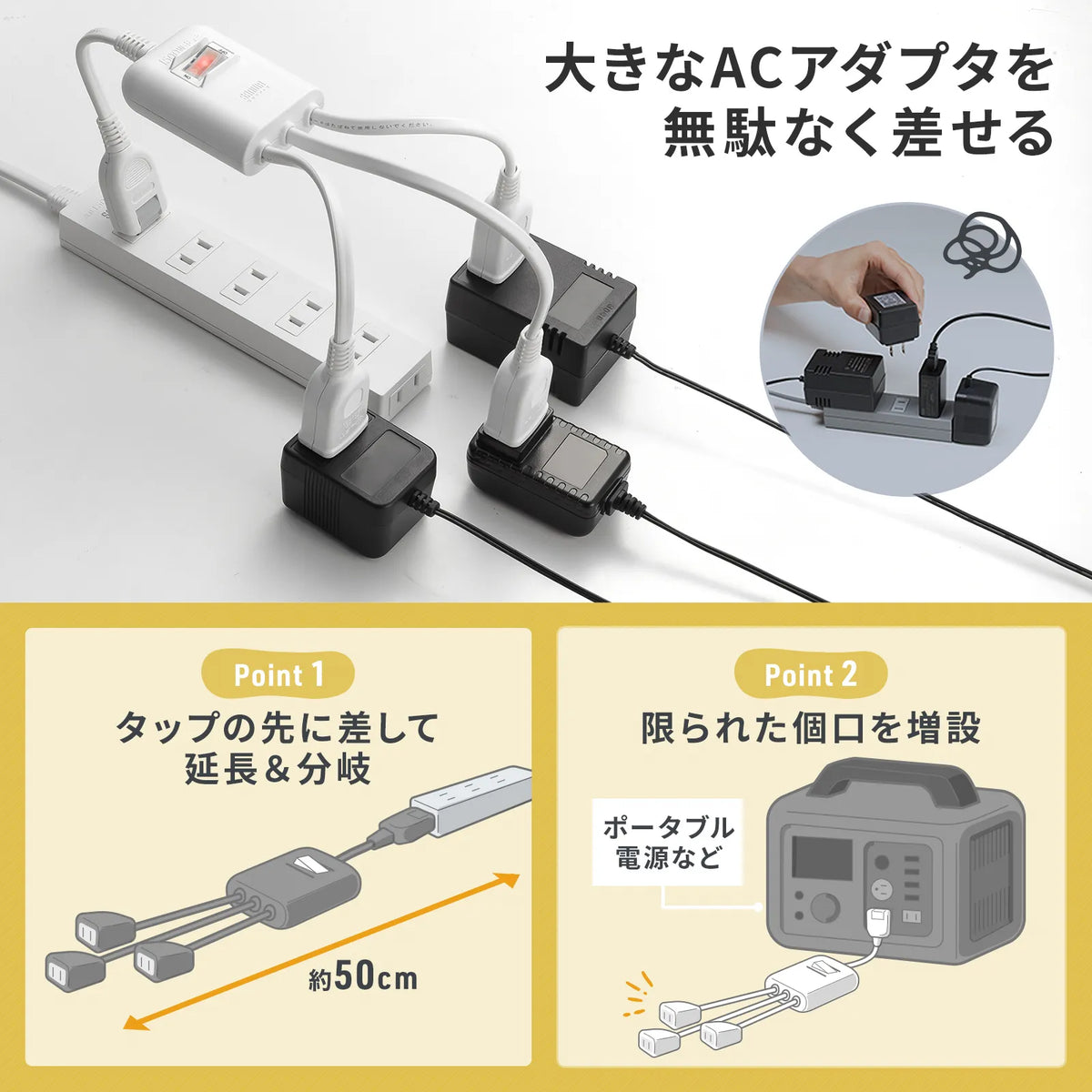 Power extension cord with centralized switch TAP-EX3SWW