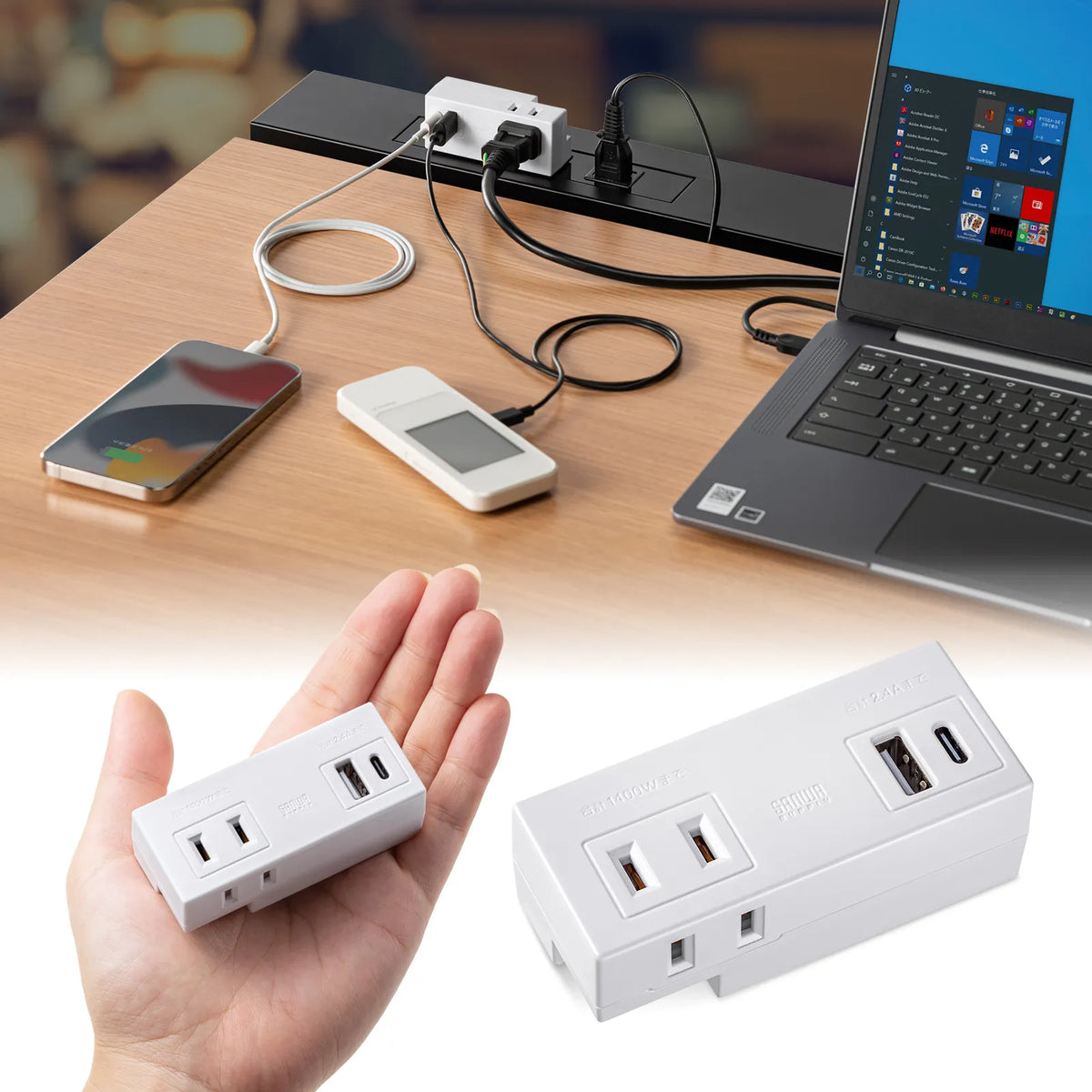 Mobile Power Strip (AC x 2 outlets + USB-A x 1 + Type-C x 1) TAP-MUC1AC2W
