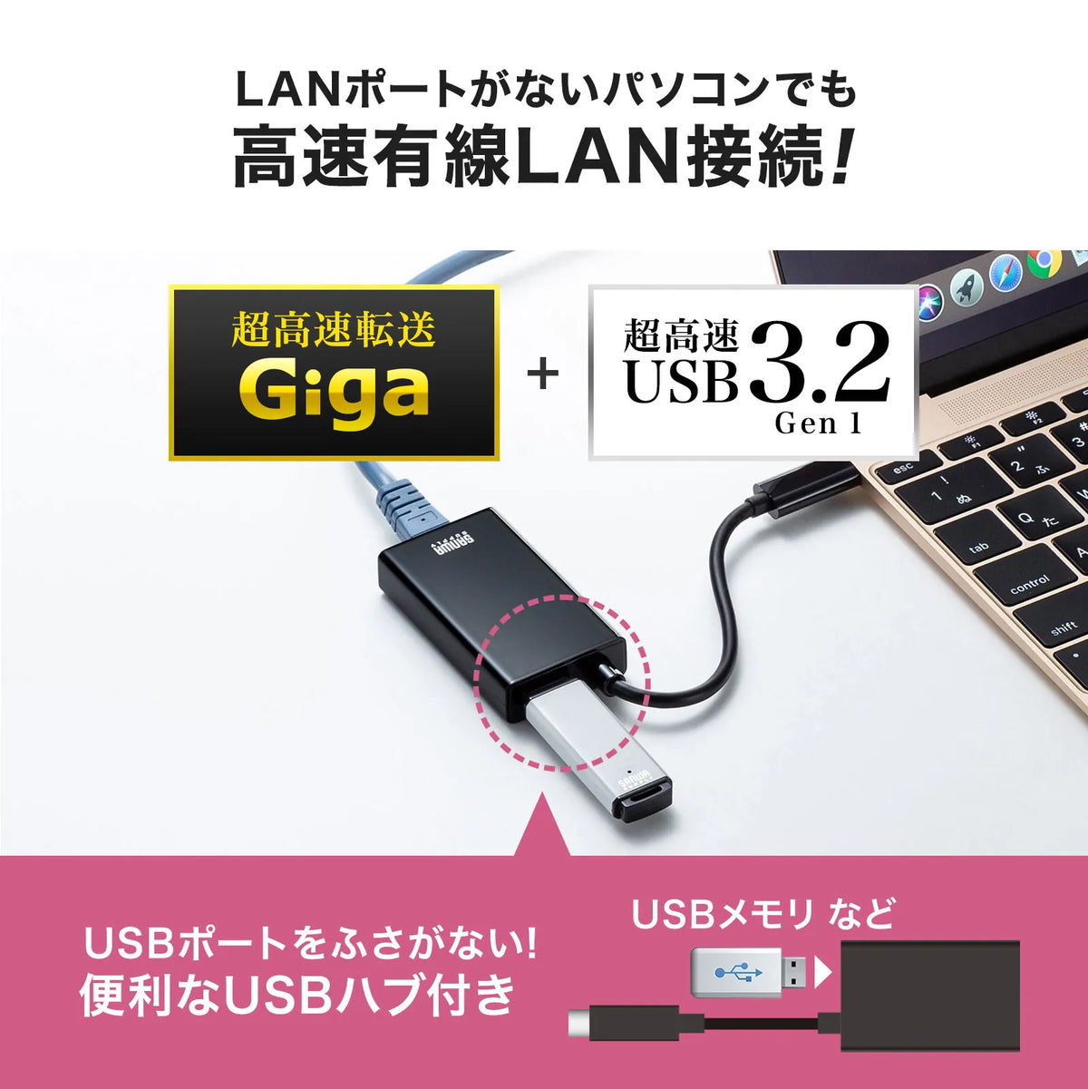 USB3.2 TypeC-LAN変換アダプタ(USBハブポート付・ブラック) USB-CVLAN4BKN