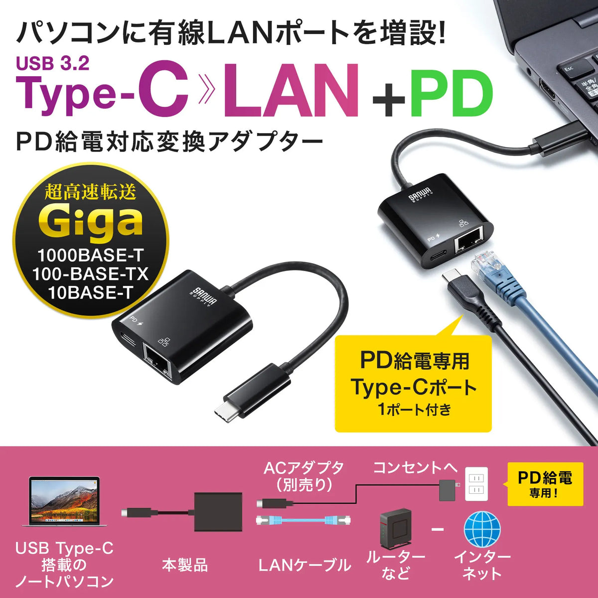 USB3.2 TypeC-LAN変換アダプタ(PD対応・ブラック) USB-CVLAN7BK