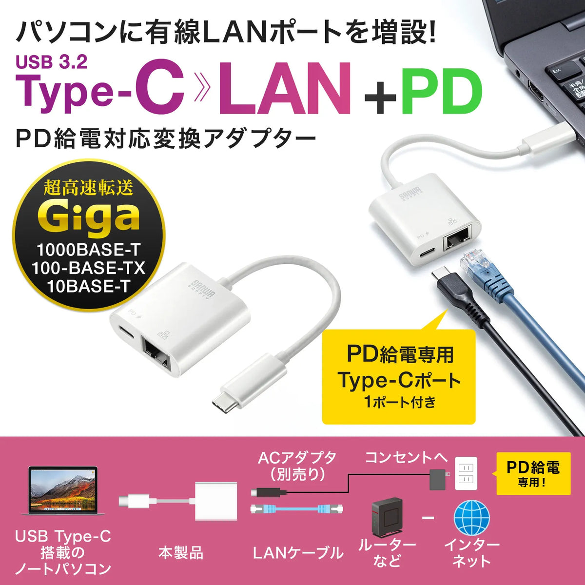 USB 3.2 Type-C to LAN Conversion Adapter (PD Compatible, Black) USB-CVLAN7W