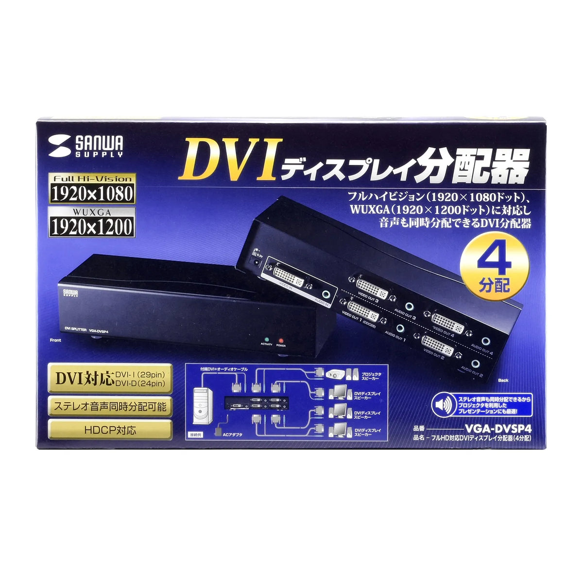 Full HD compatible DVI display splitter (4-way) VGA-DVSP4