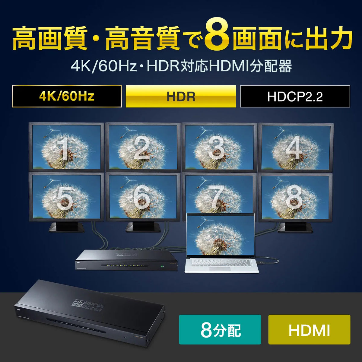 4K/60Hz HDR compatible HDMI splitter (8-way) VGA-HDRSP8